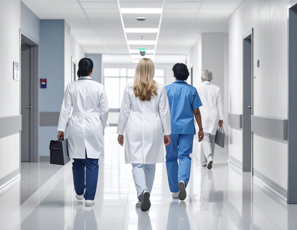 a group of medical professionals in white coats walking in a hallway