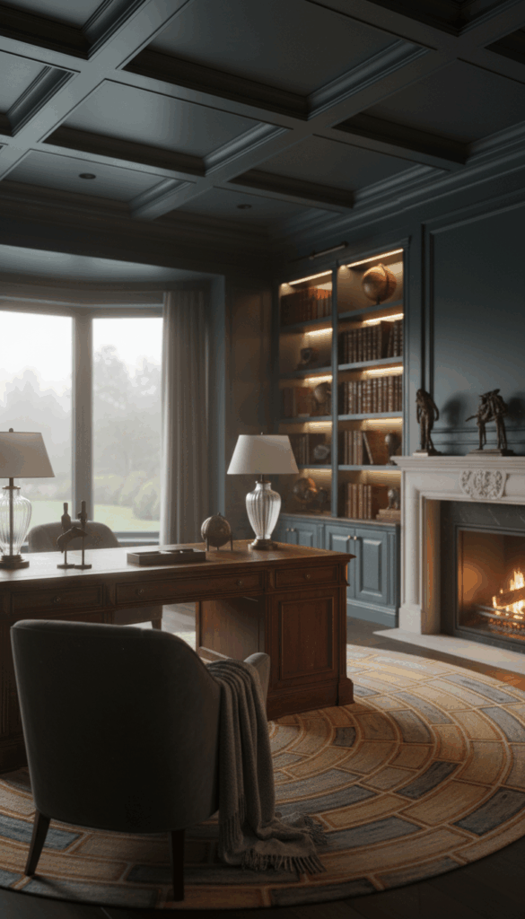 a room with a fireplace and a desk
