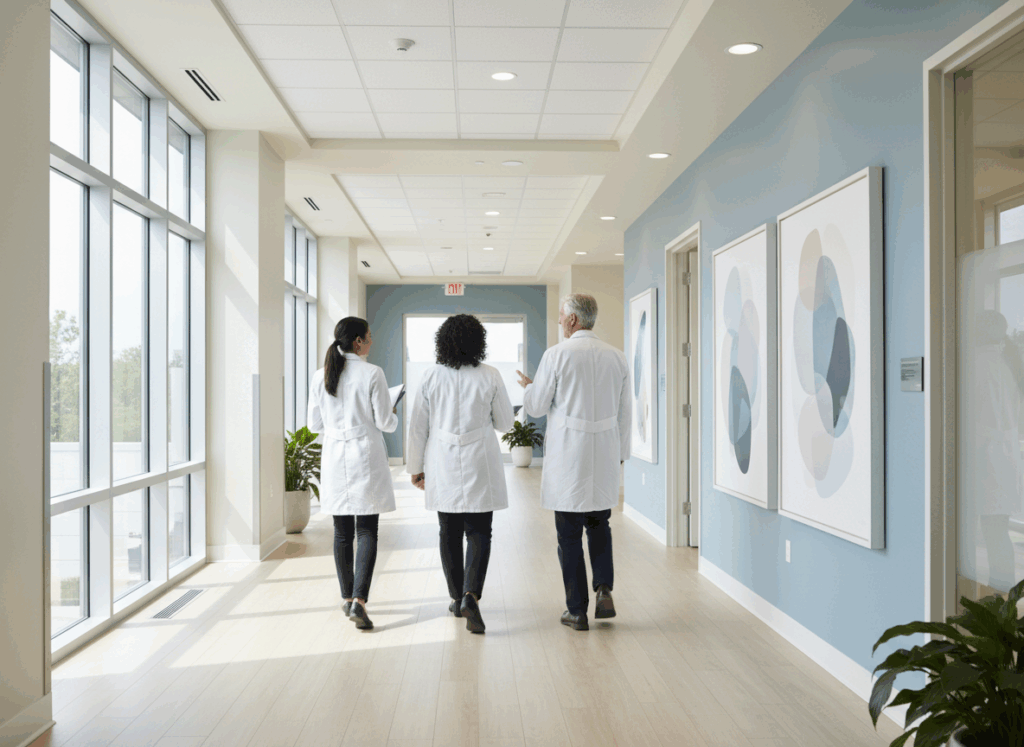 A bright, modern, and friendly medical office hallway with physicians