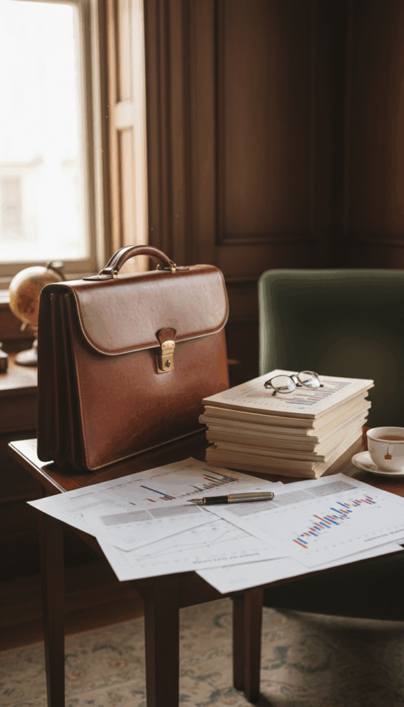 a briefcase and papers on a desk