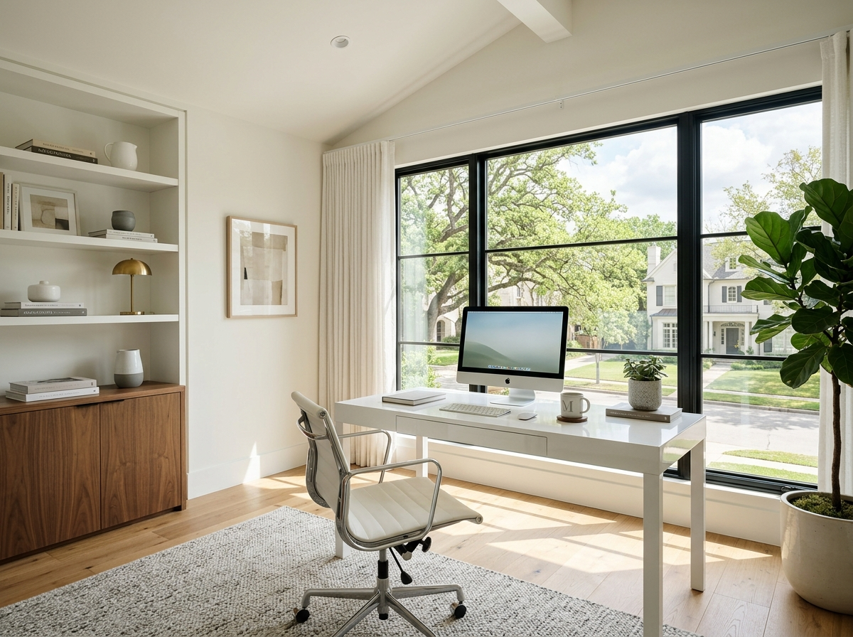 A bright, modern home office with a clean white desk