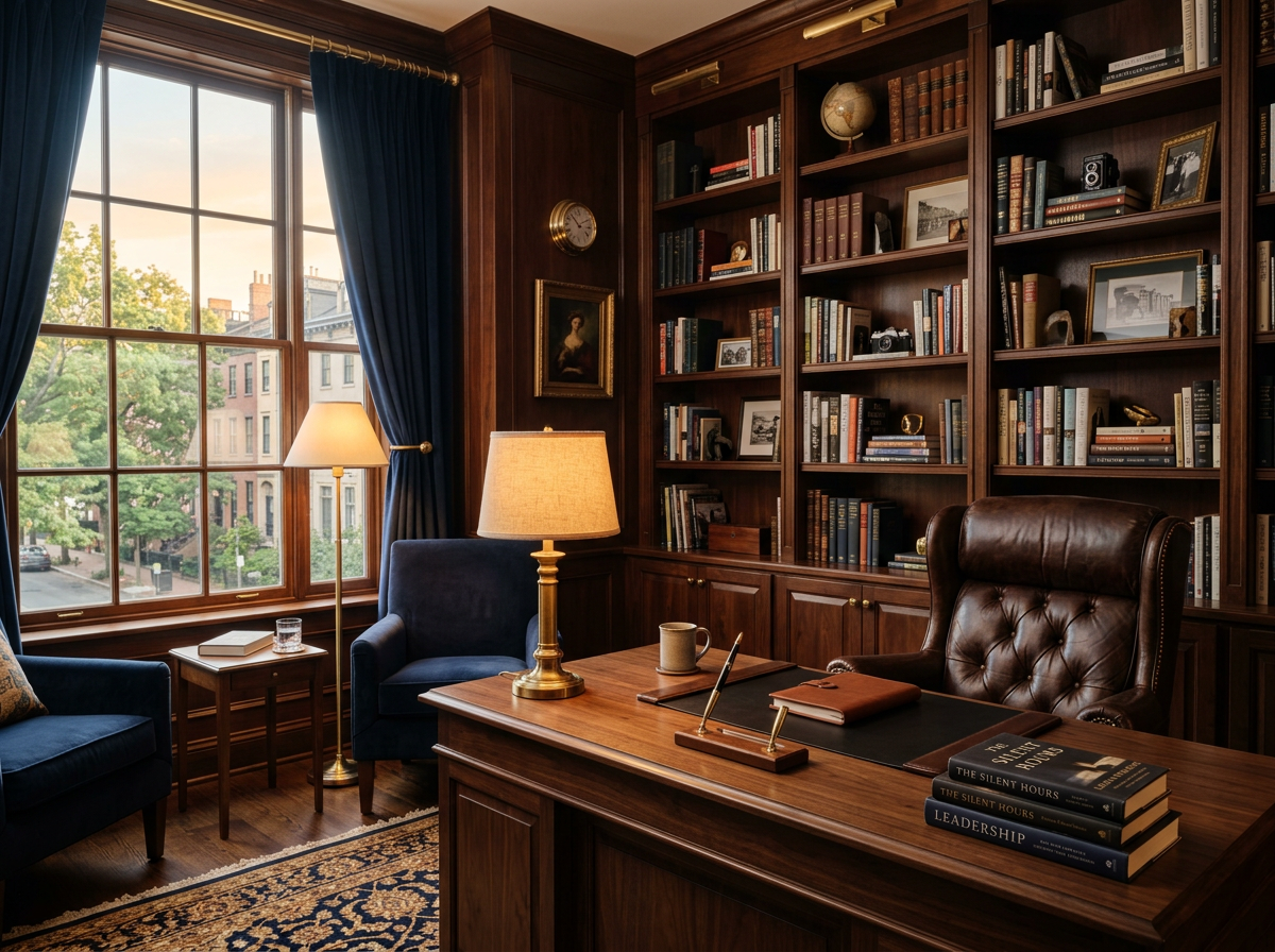 A well-appointed private office with dark wood paneling