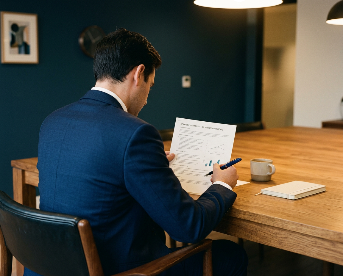 A person seated at a desk reviewing a clean, minimal printed report