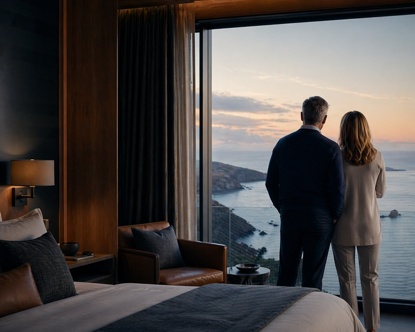 A couple standing at the window of a beautiful residence overlooking a coastline at dusk, shot from behind, contemplative
