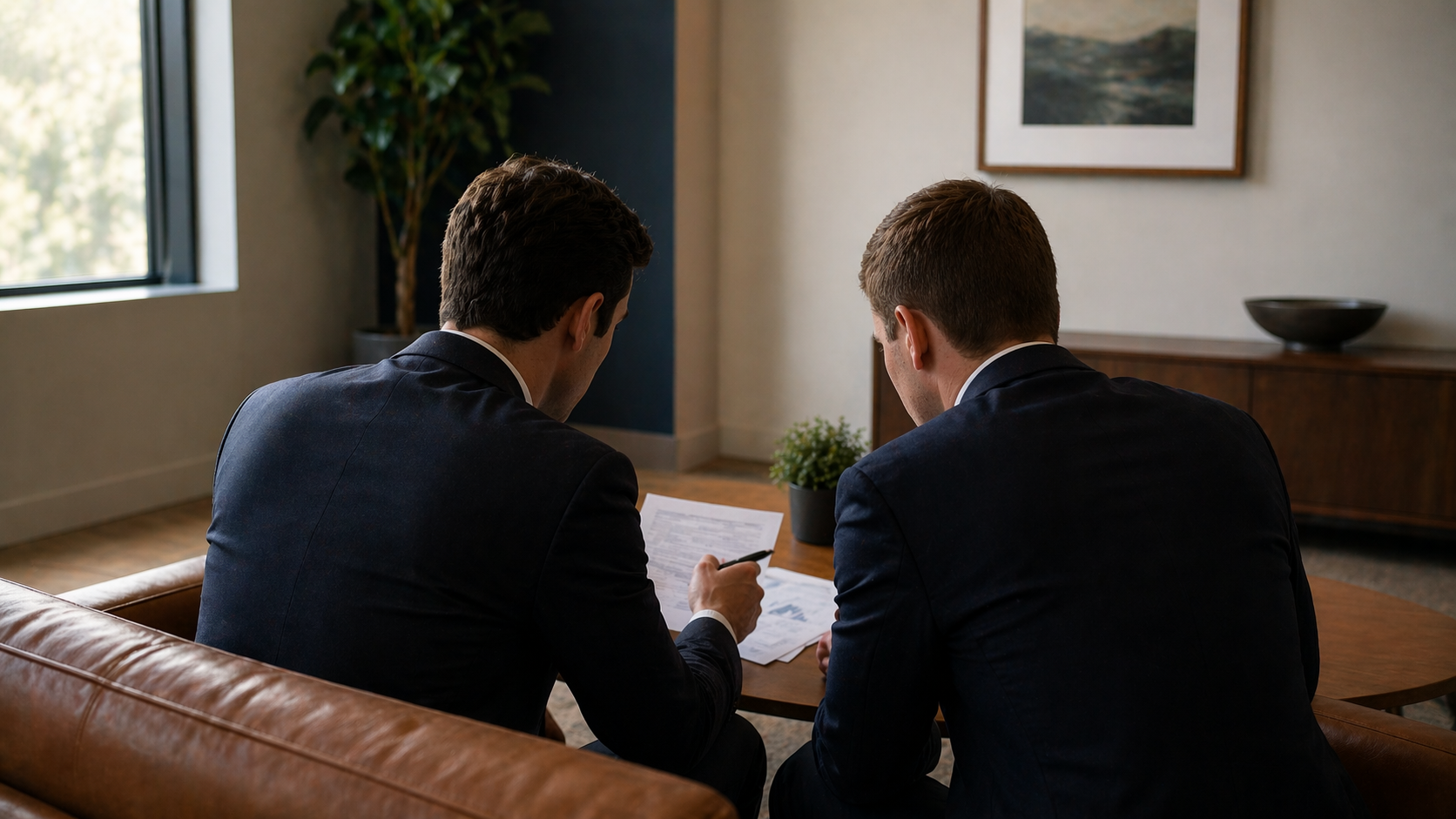 Two fee-only financial advising analysts reviewing client plan documents in a private office