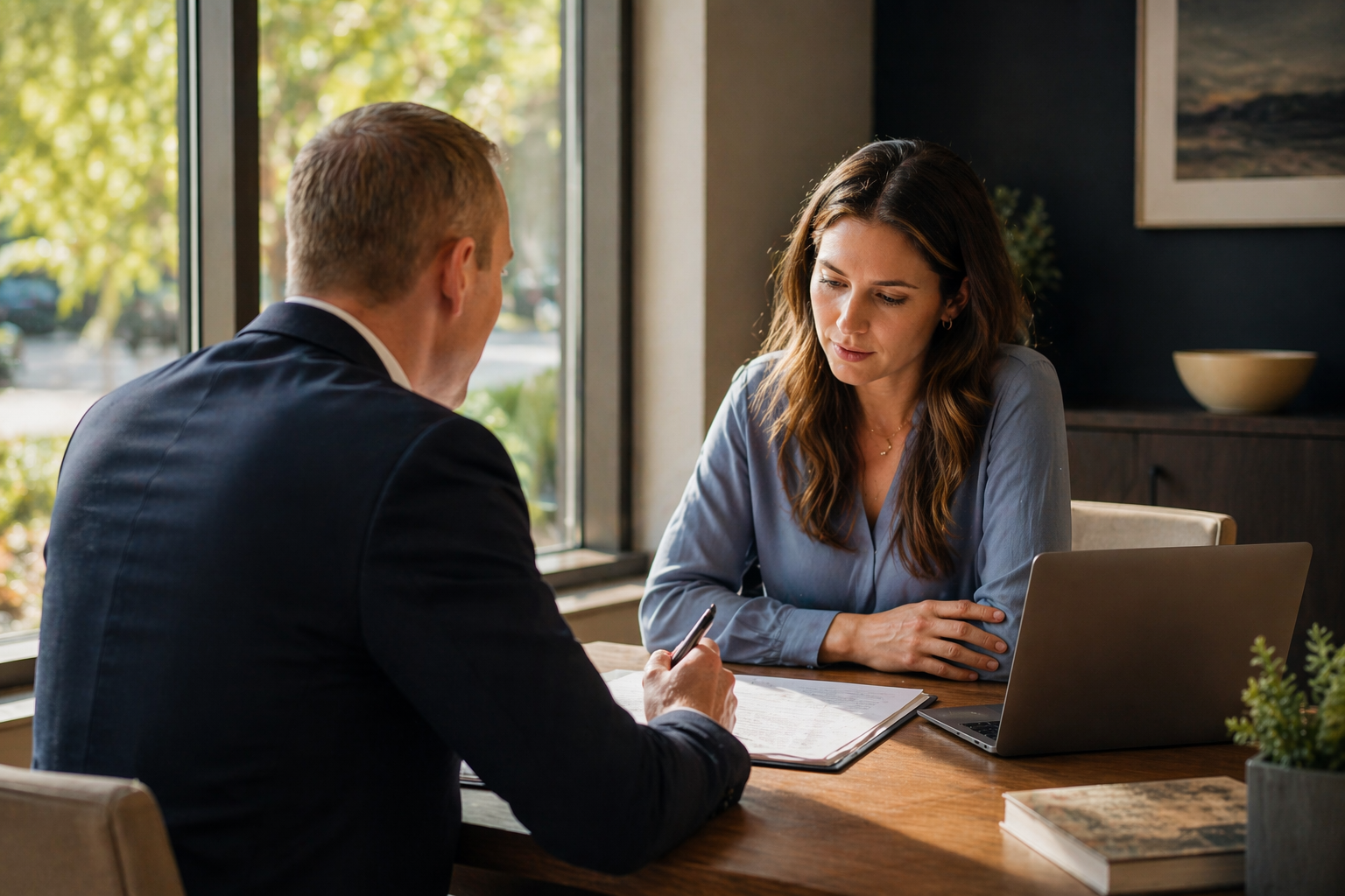 Financial advisor seated across from a client at a wooden table near a window, reviewing documents in a calm, professional office setting with warm natural light