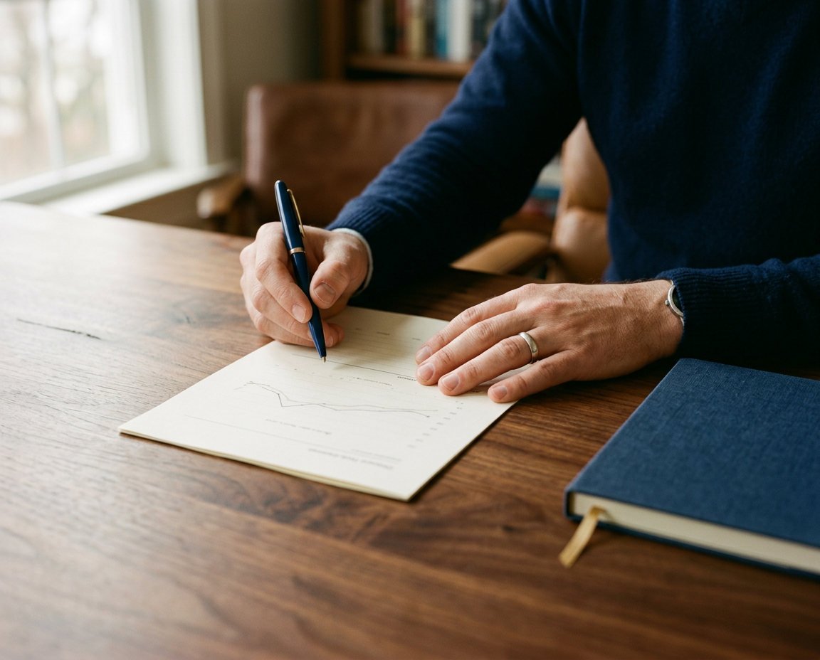 Close-up of an advisor's hands at a warm wood desk with a printed financial plan document and quality pen, soft natural light from the side