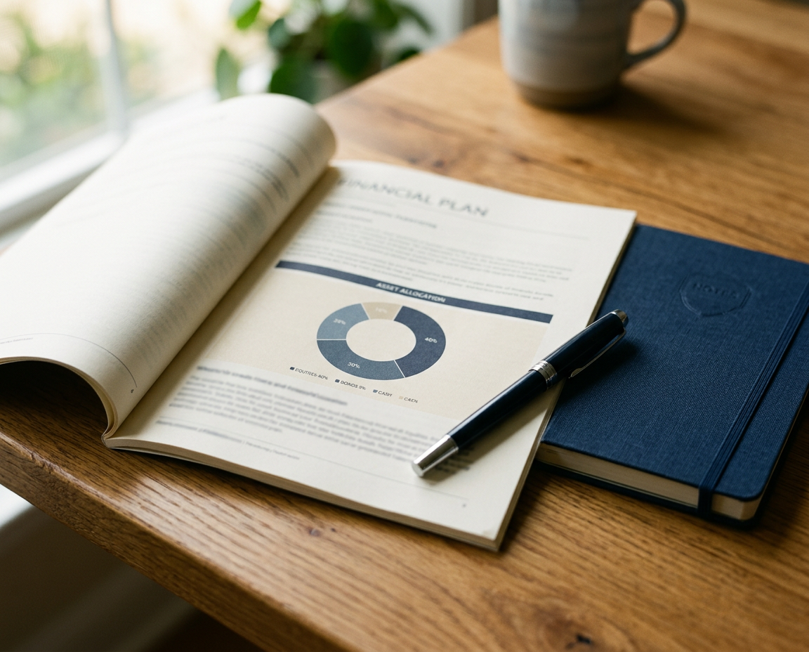 A navy hardcover notebook and a quality pen beside a partially open printed financial plan on a warm wood surface, soft window light