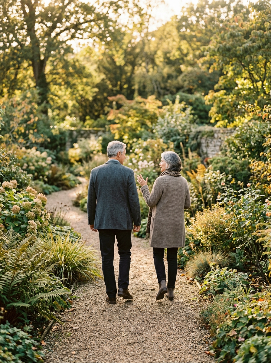 Couple in their 50s walking along a tree-lined garden path in soft afternoon light, engaged in quiet conversation in a calm, natural setting