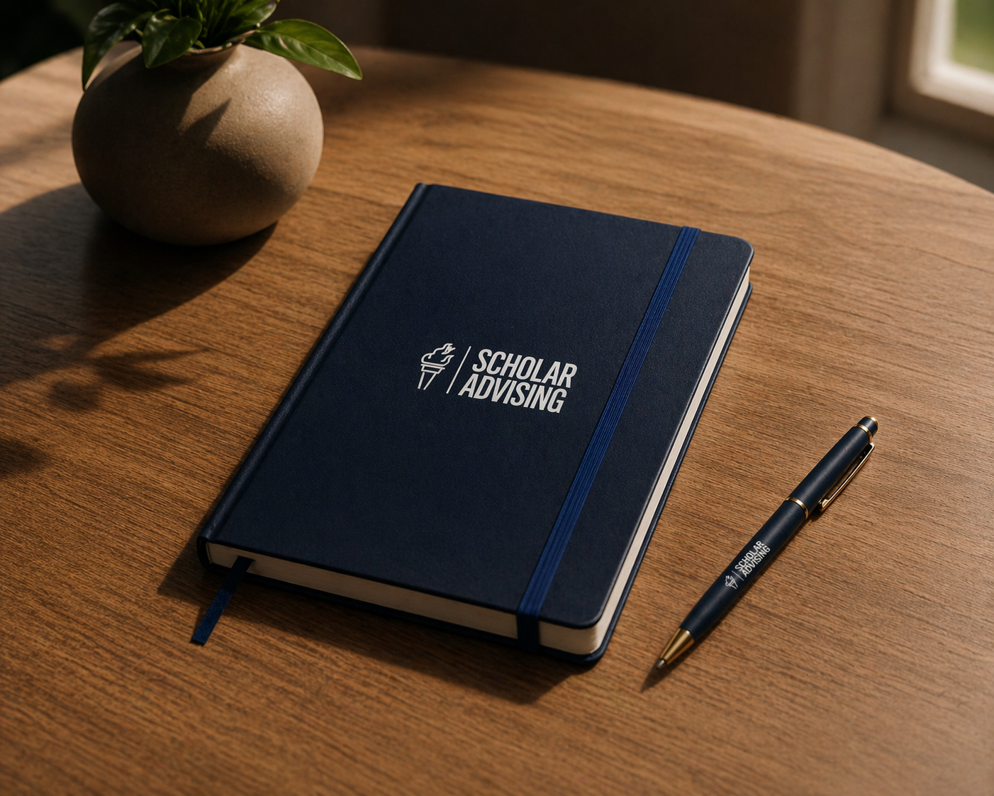 Navy Scholar Advising notebook with logo and matching pen on a wooden table, lit by soft natural window light 