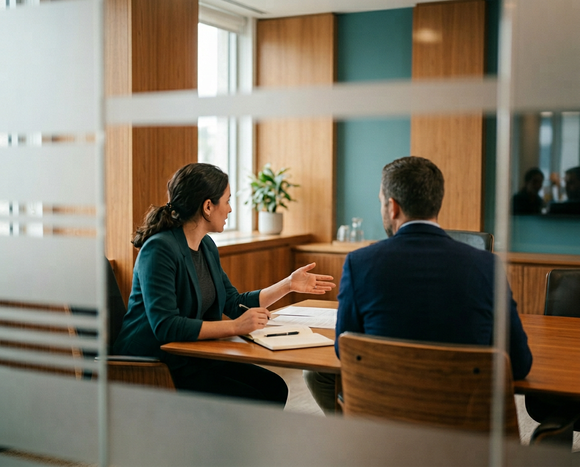 Two people mid-conversation at a wood conference table, viewed partially through a frosted glass door panel, warm interior lighting