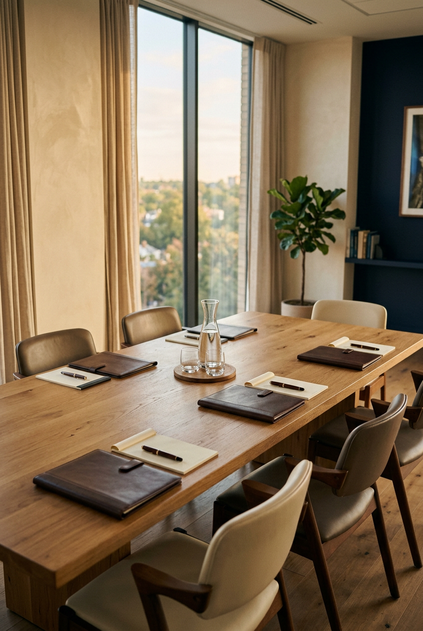 Pre-IPO planning meeting table set with leather folders, fountain pens, and notepads for a coordinated professional gathering
